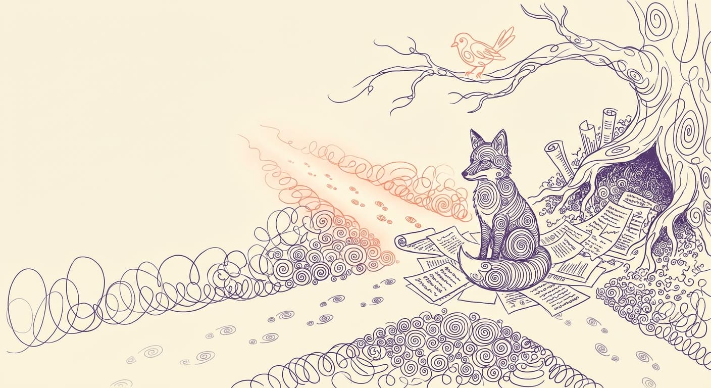 A fox standing at a crossroads where many forest paths diverge