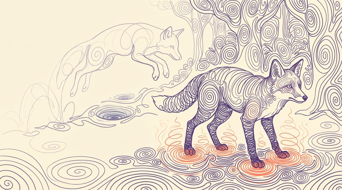 A fox leaping across hot ground in a forest