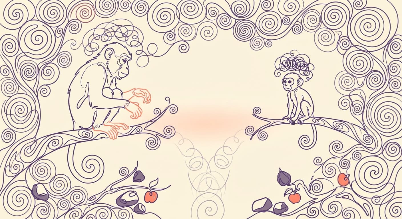 A small monkey frozen on a branch, looking across a gap between trees