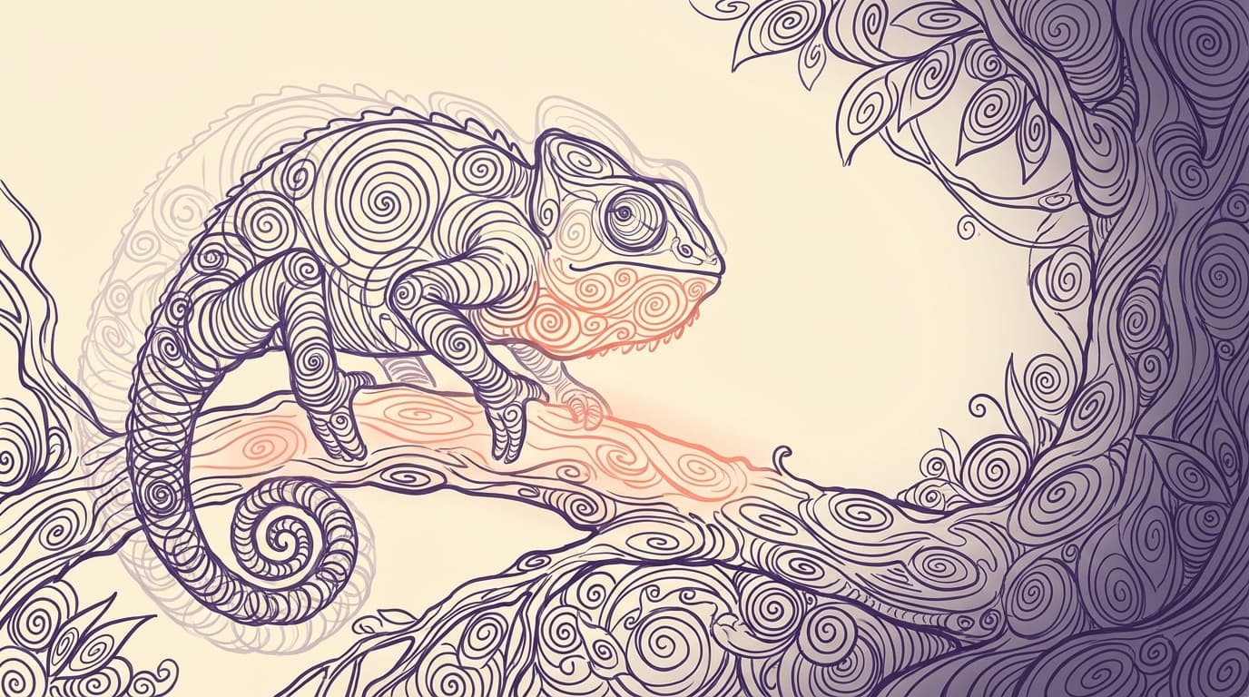 A chameleon on a branch, shifting between colors