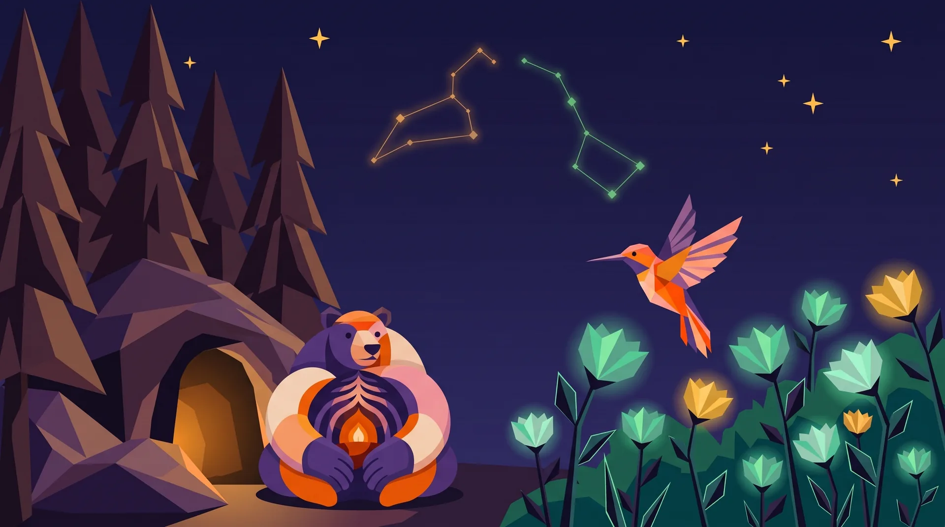 The Bear & The Hummingbird — two worlds meeting at a shoreline at night