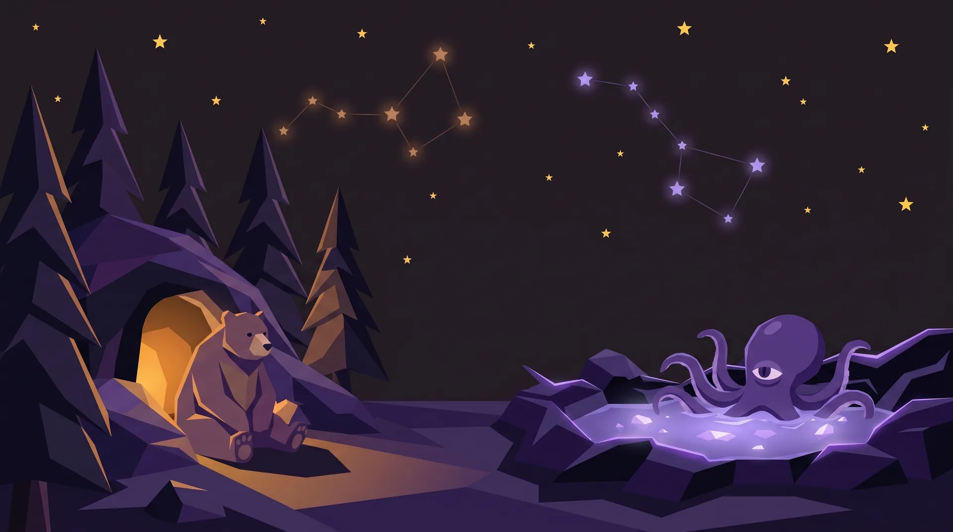 The Bear & The Octopus — two worlds meeting at a shoreline at night