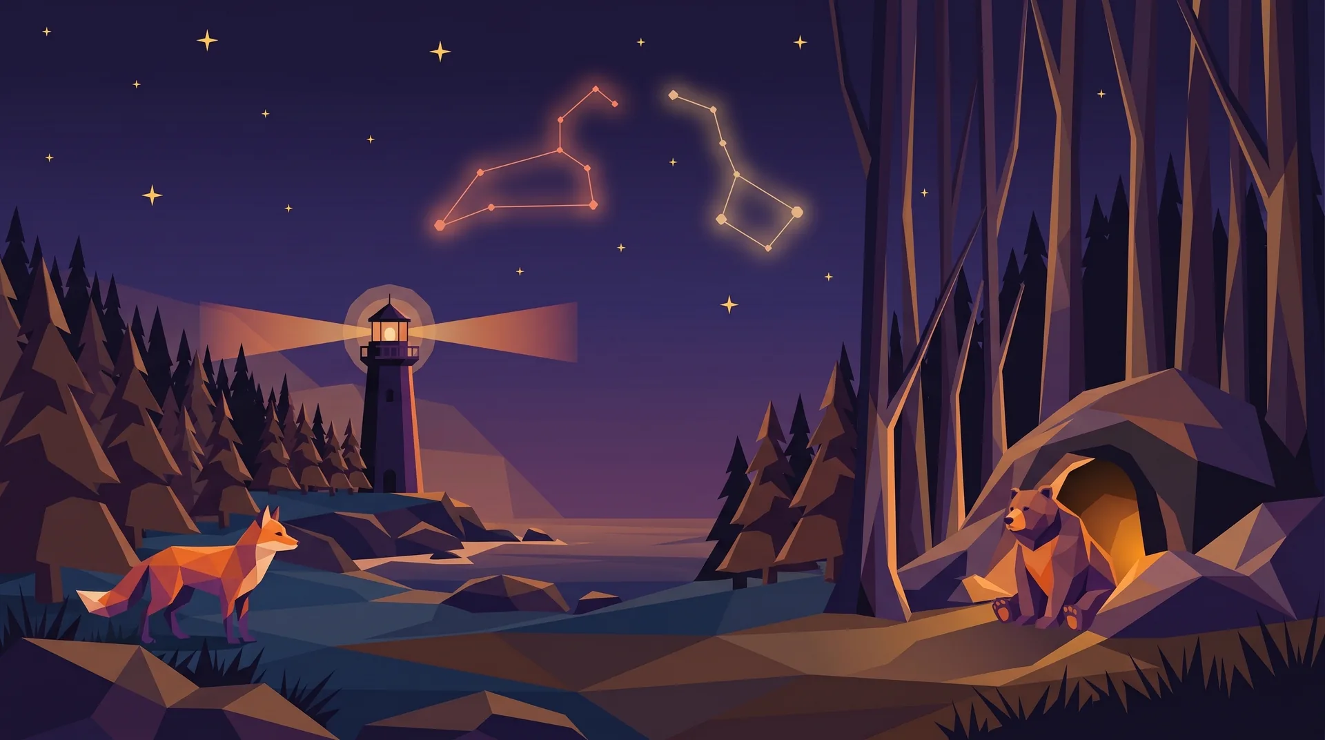 The Fox & The Bear — two worlds meeting at a shoreline at night