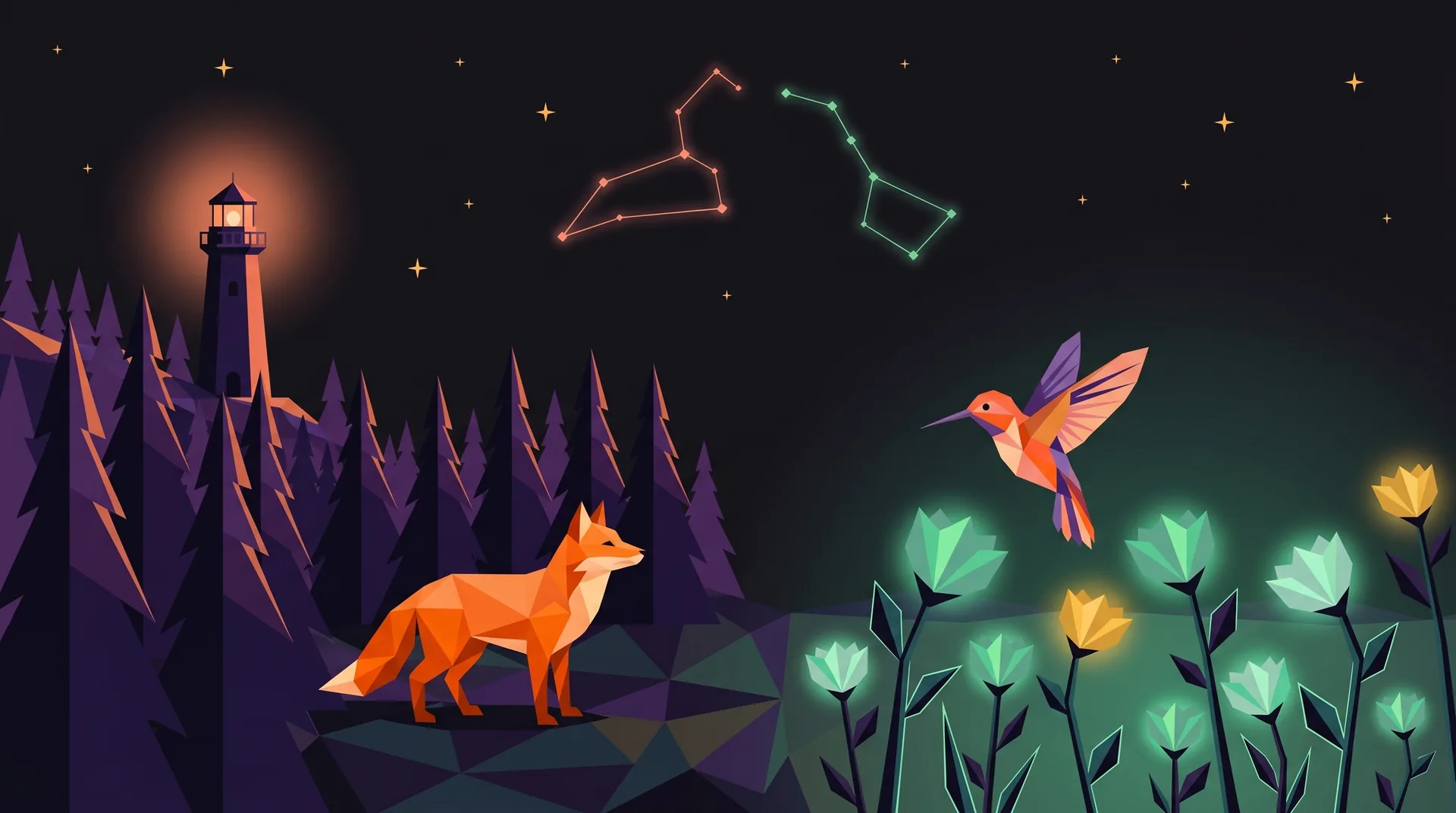 The Fox & The Hummingbird — two worlds meeting at a shoreline at night
