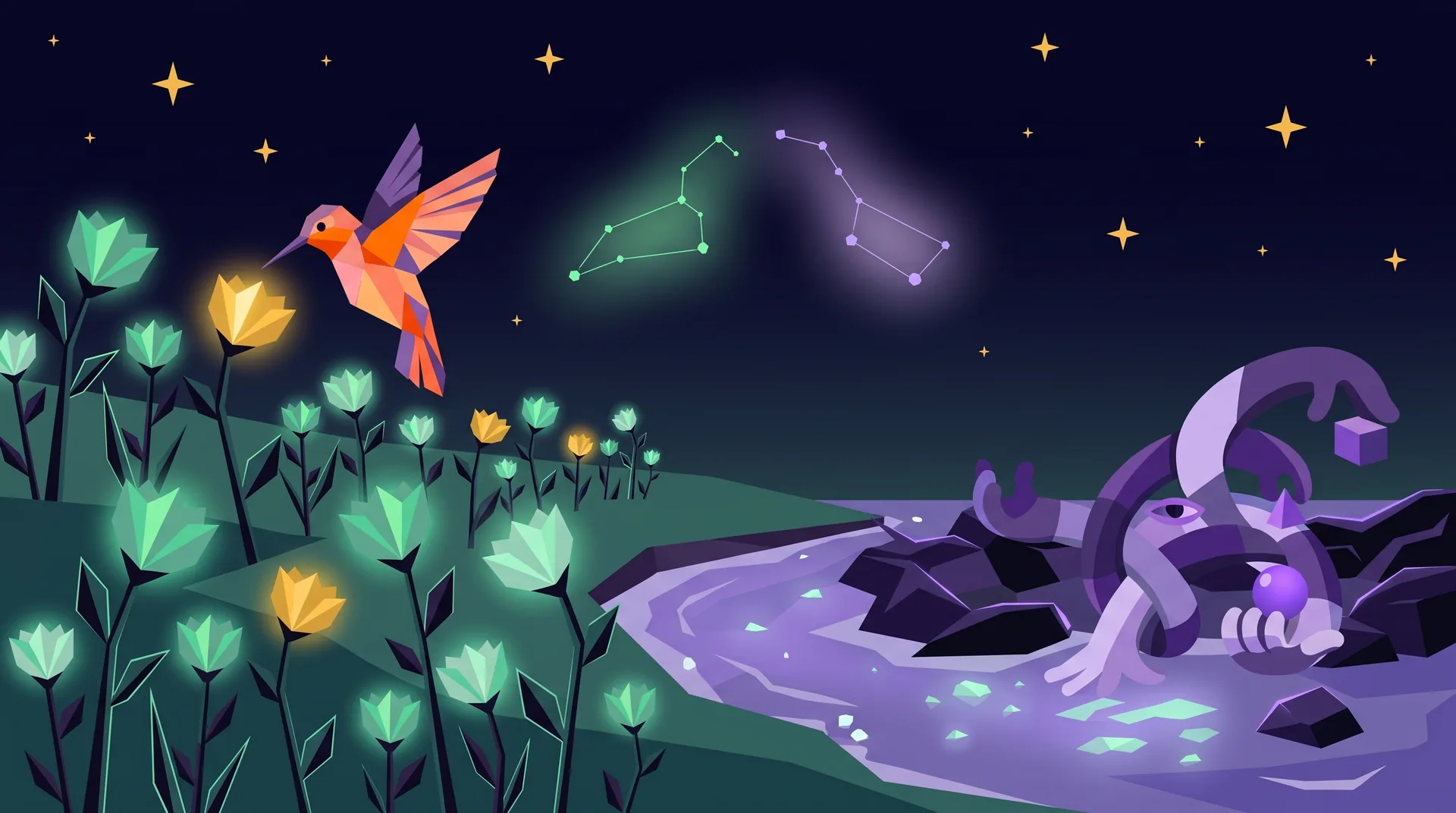 The Hummingbird & The Octopus — two worlds meeting at a shoreline at night